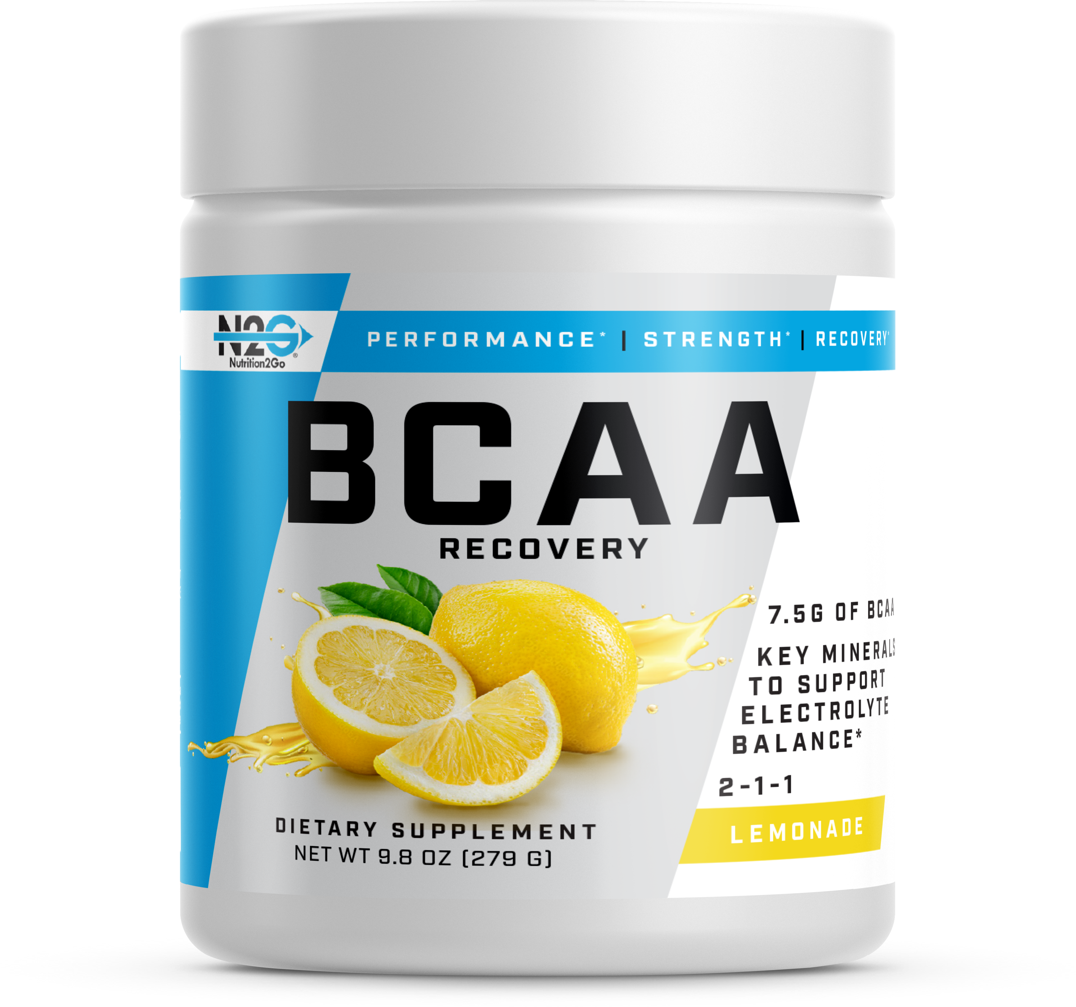 The image showcases a cylindrical container of 'BCAA Recovery' dietary supplement by Nutrition2Go, lemon flavor, labeled '7.5G OF BCAA' and '2-1-1' ratio.