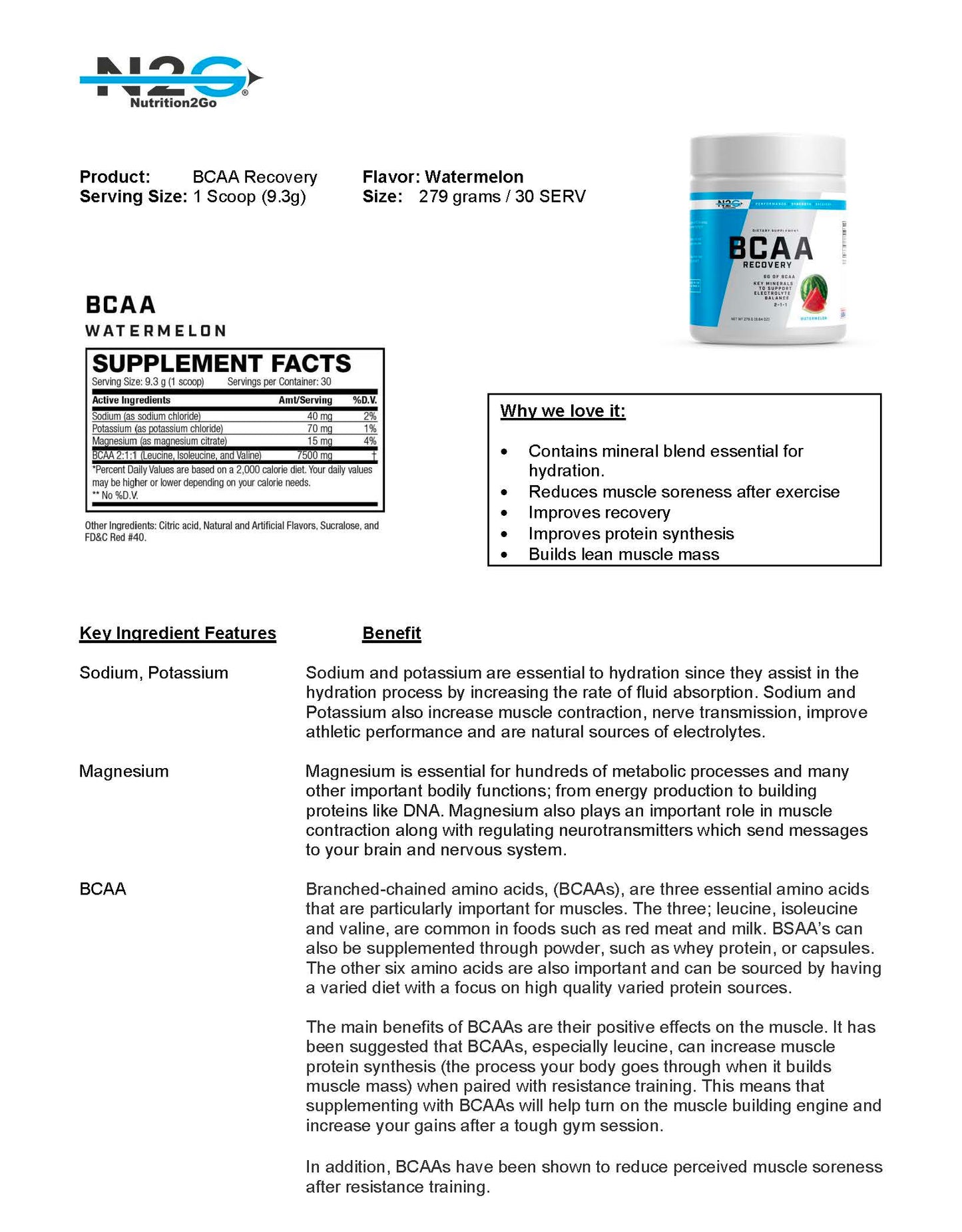 N2G Watermelon BCAA Recovery Fact Sheet