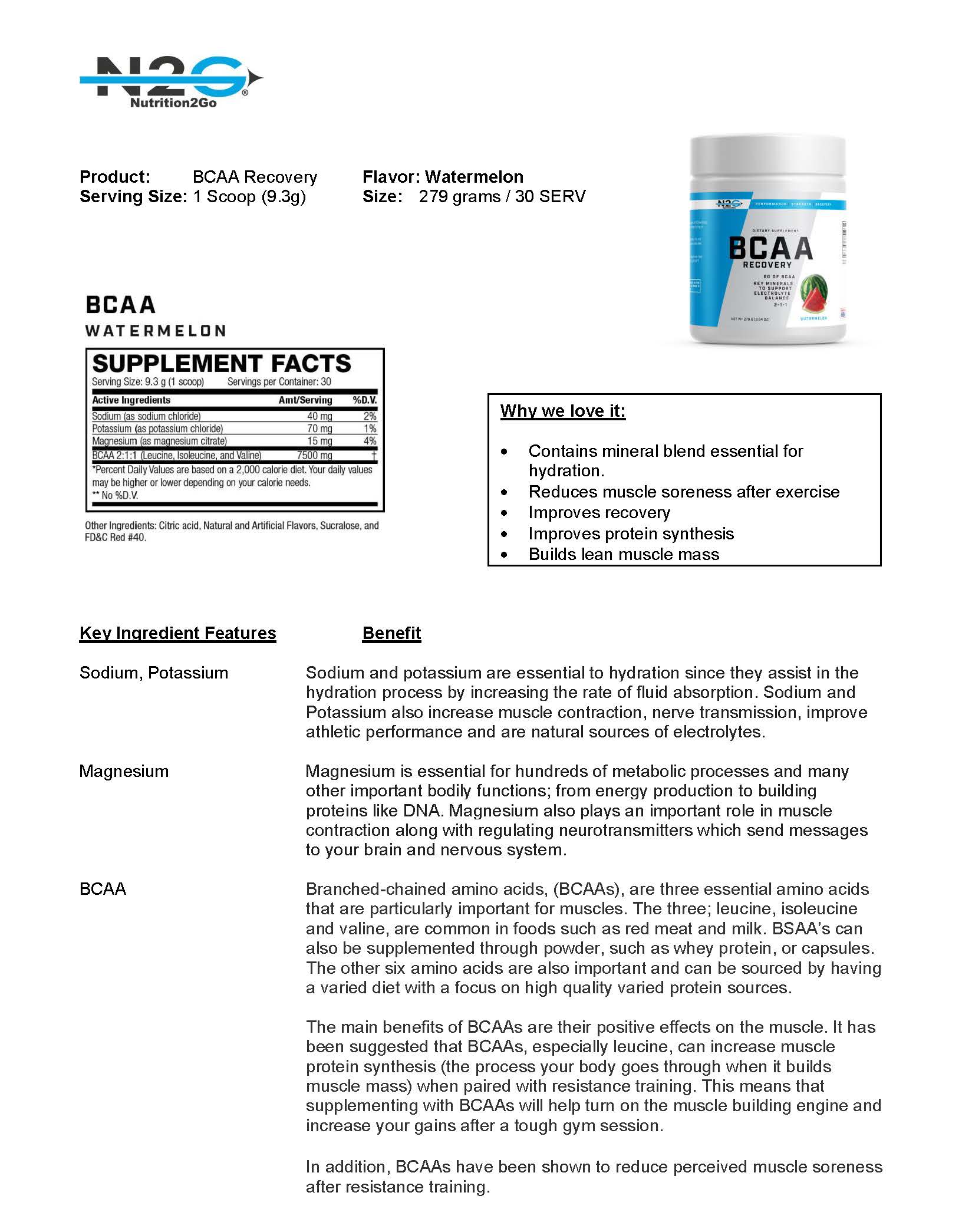 N2G Watermelon BCAA Recovery Fact Sheet