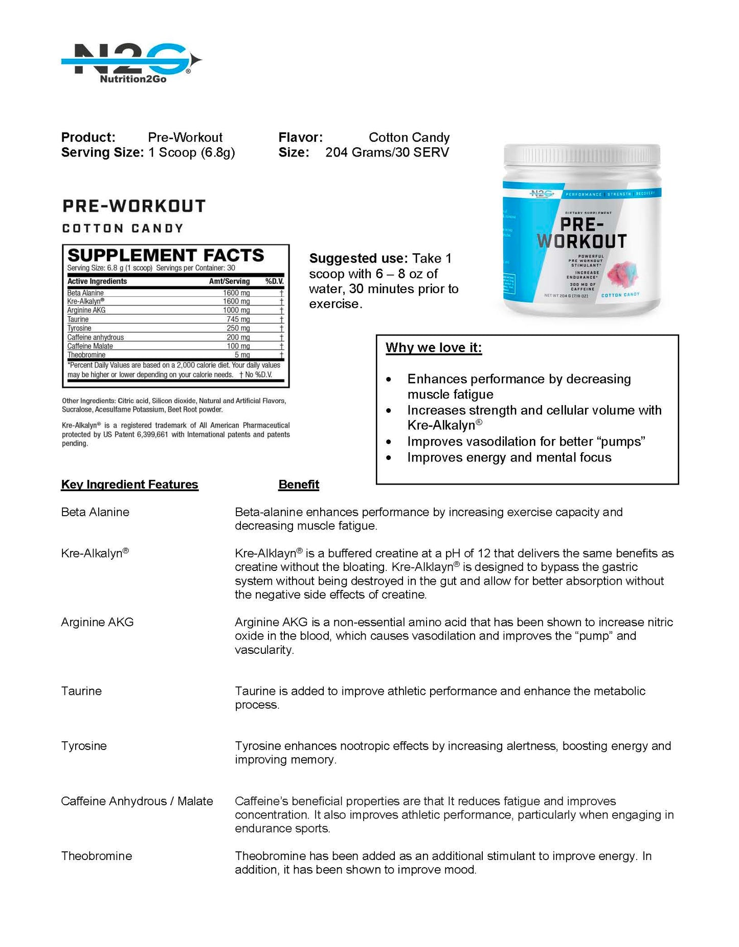 N2G Cotton Candy Pre-Workout Fact Sheet