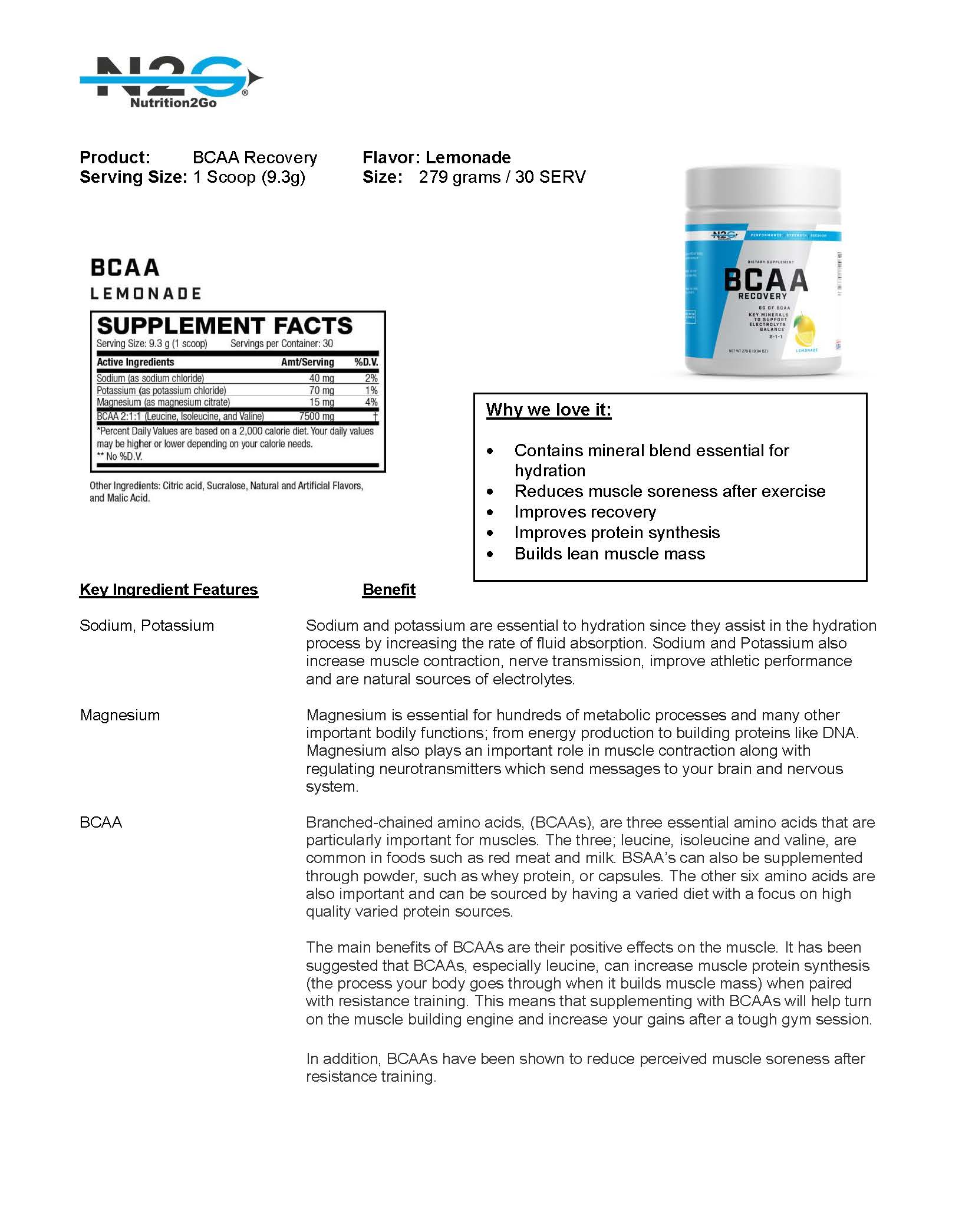 N2G Lemonade BCAA Recovery Product Fact Sheet
