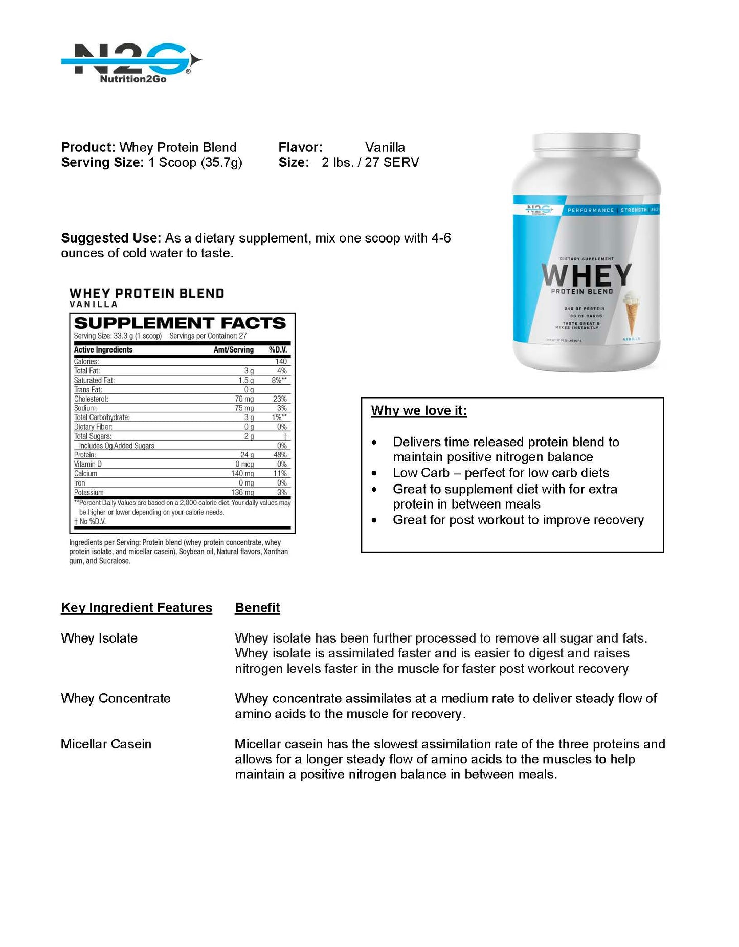 N2G Whey Protein Blend, Vanilla Fact Sheet