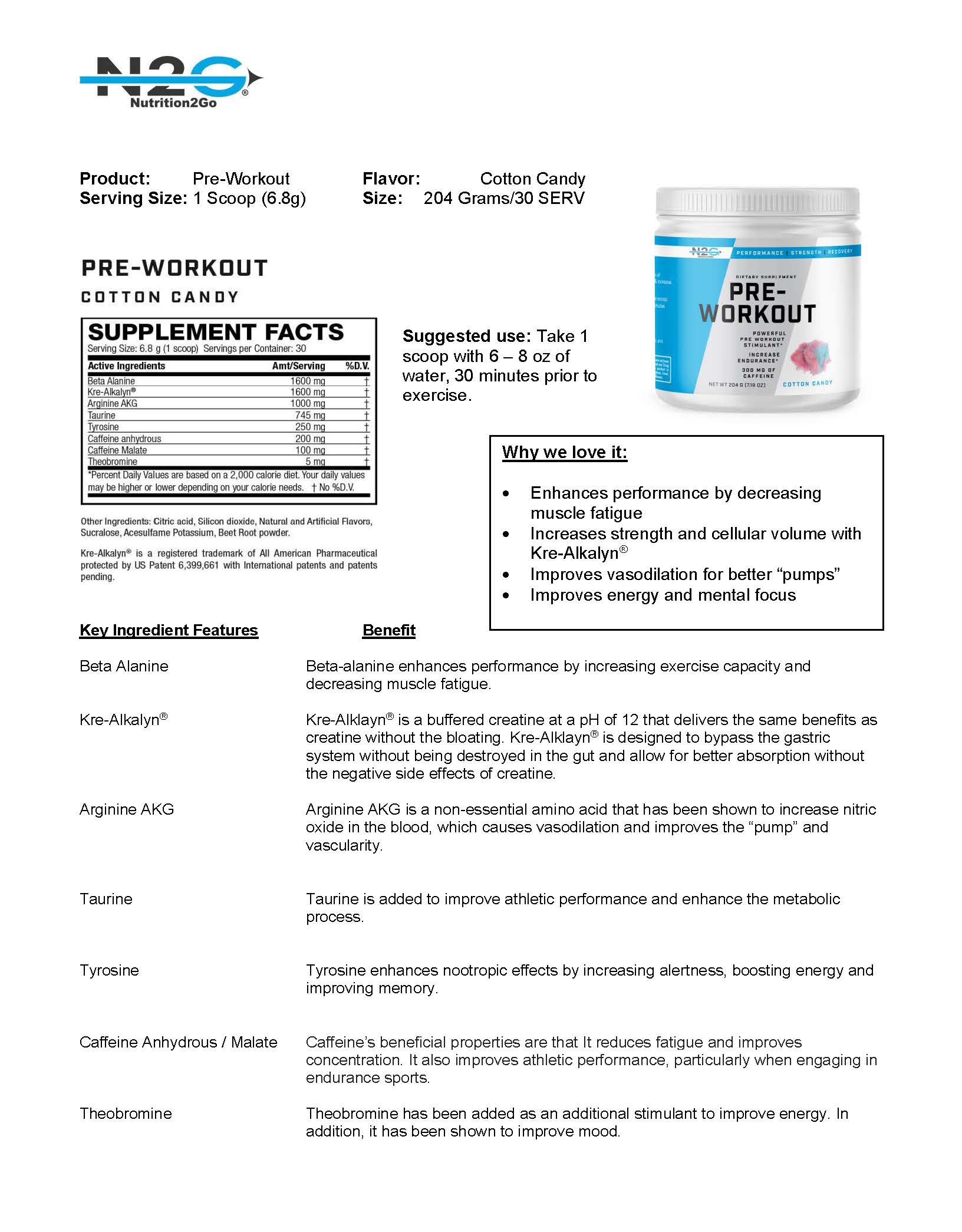 N2G Cotton Candy Pre-Workout Fact Sheet